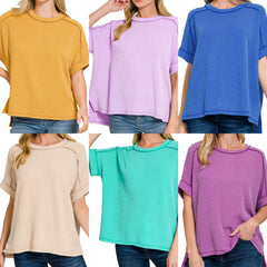 Raised Rib Cuff Sleeve Raw Edge Top