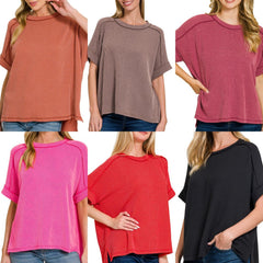 Raised Rib Cuff Sleeve Raw Edge Top