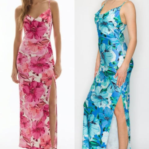 Cowl Neck Tropical Slit Dress