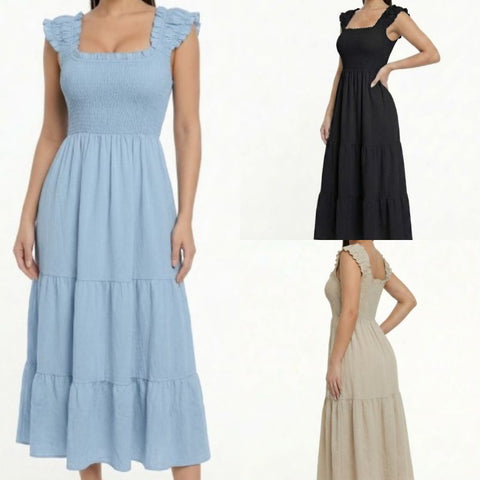 Smocking Tiered Ruffle Sleeve Dress