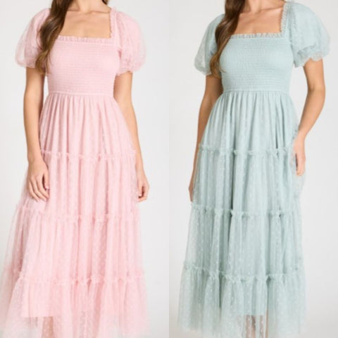 Polka Dot Tulle Puff Sleeve Smocked Tiered Midi Dress