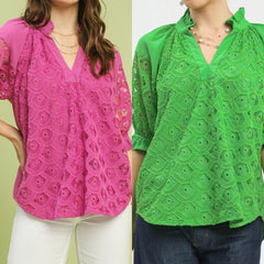 Linen V-Neck Lace Puff Sleeve Top