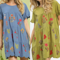 Embroidered Tiered Babydoll Dress With Ruffle Sleeves