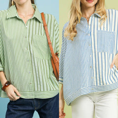 Mixed Stripe Oversized Button Down Top