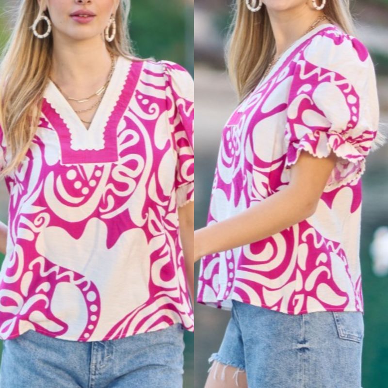 Printed V-Neck Top With Trim Details