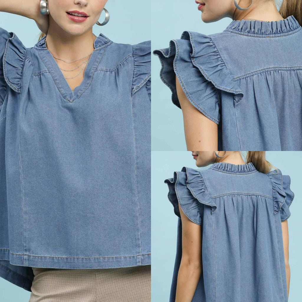 Chambray Ruffle Top