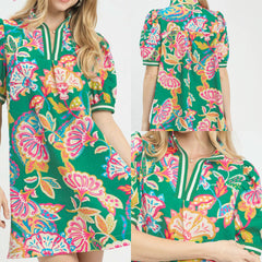 Jacquard Paisley Print Puff Sleeve Tunic Dress