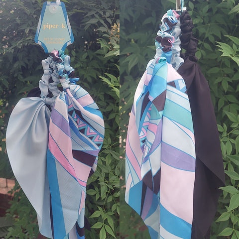 Blue/Black Printed Scarf Hair Scrunchies