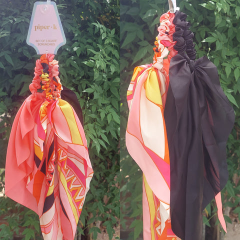 Coral/Black Printed Scarf Hair Scrunchies