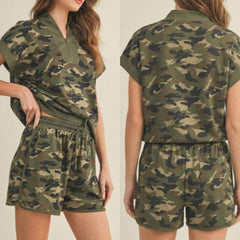 Camo Zip Front Relaxed Shorts Set