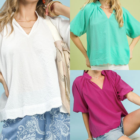 Bubbled Sleeved Seersucker Top