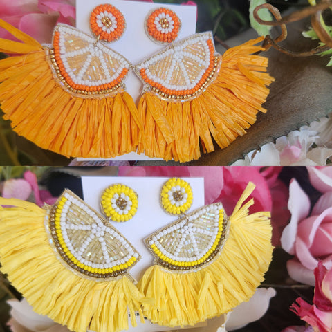 Fruit Beaded/Straw Fringe Earrings