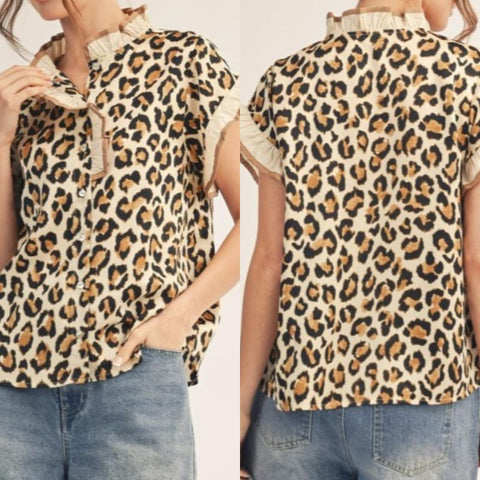 Ruffle Detail Leopard Satin Top
