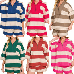 Striped Half Zip Top/Shorts Set