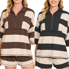 Striped Half Zip Top/Shorts Set
