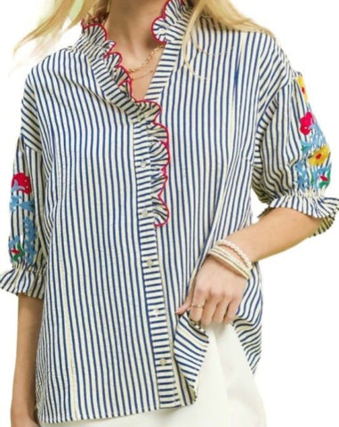 Embroidered Ruffle Trim Stripe Top