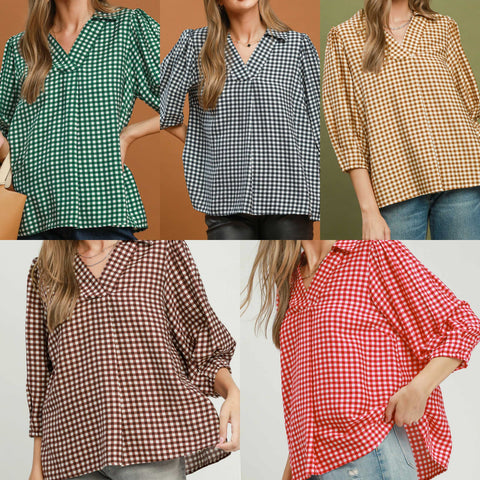 Gingham Check Collared Puff Sleeve Top