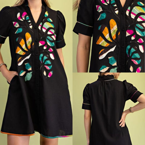 Linen V-Neck Embroidered Dress