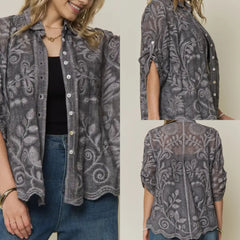 Boho Embroidered Button-Down Top