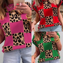 Leopard Checkerboard Short Sleeve Sweater