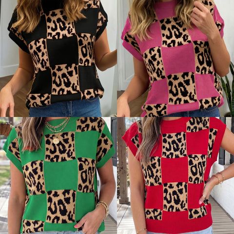 Leopard Checkerboard Short Sleeve Sweater