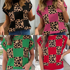 Leopard Checkerboard Short Sleeve Sweater