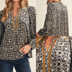 Metallic Woven Trim Detail Baroque Velvet Top