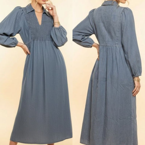 Long Sleeve Smocked Denim Midi Dress