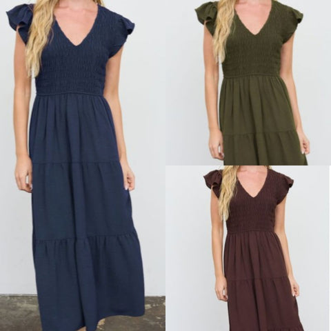 Flutter Sleeve V-Neck Smocked Midi Dress