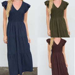 Flutter Sleeve V-Neck Smocked Midi Dress