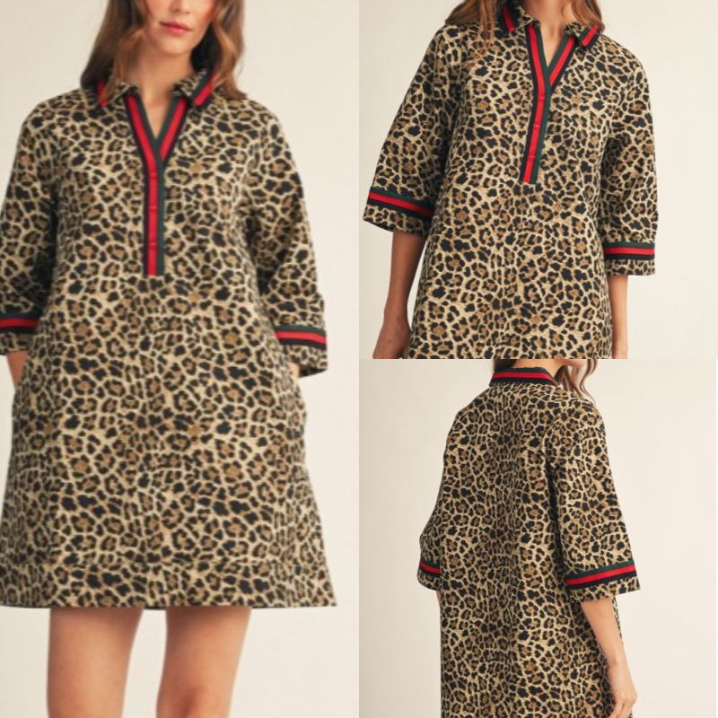 Color Rib Band Trim Leopard Dress
