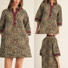 Color Rib Band Trim Leopard Dress