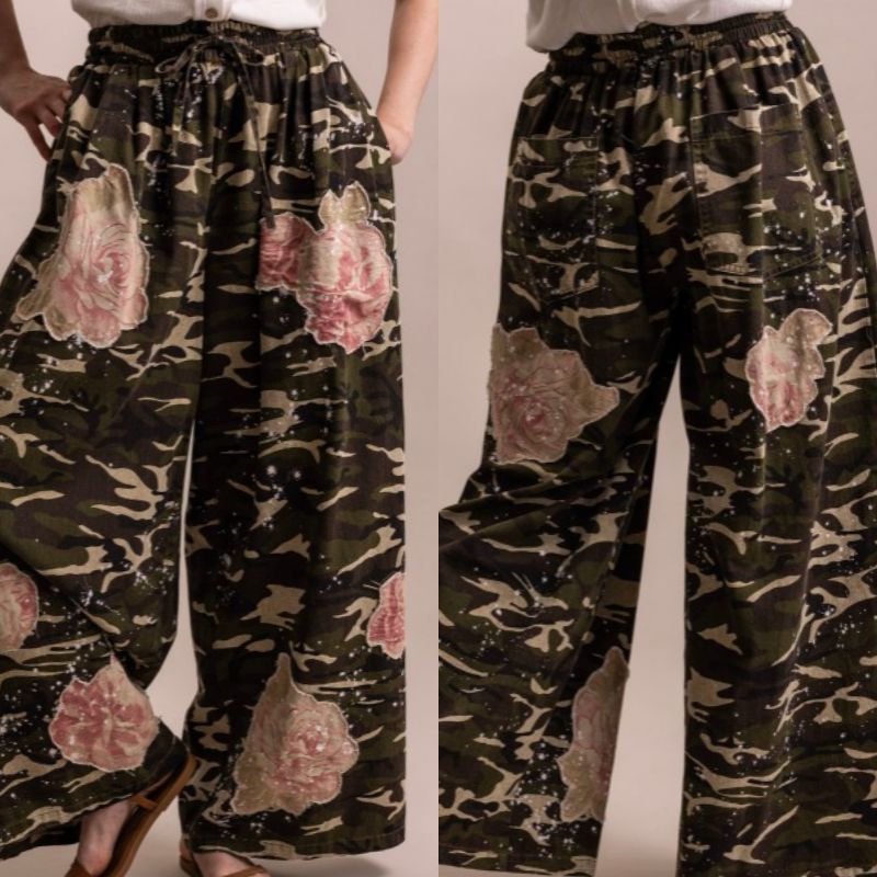 Flower Patchwork Camo Print Wide Leg Pants