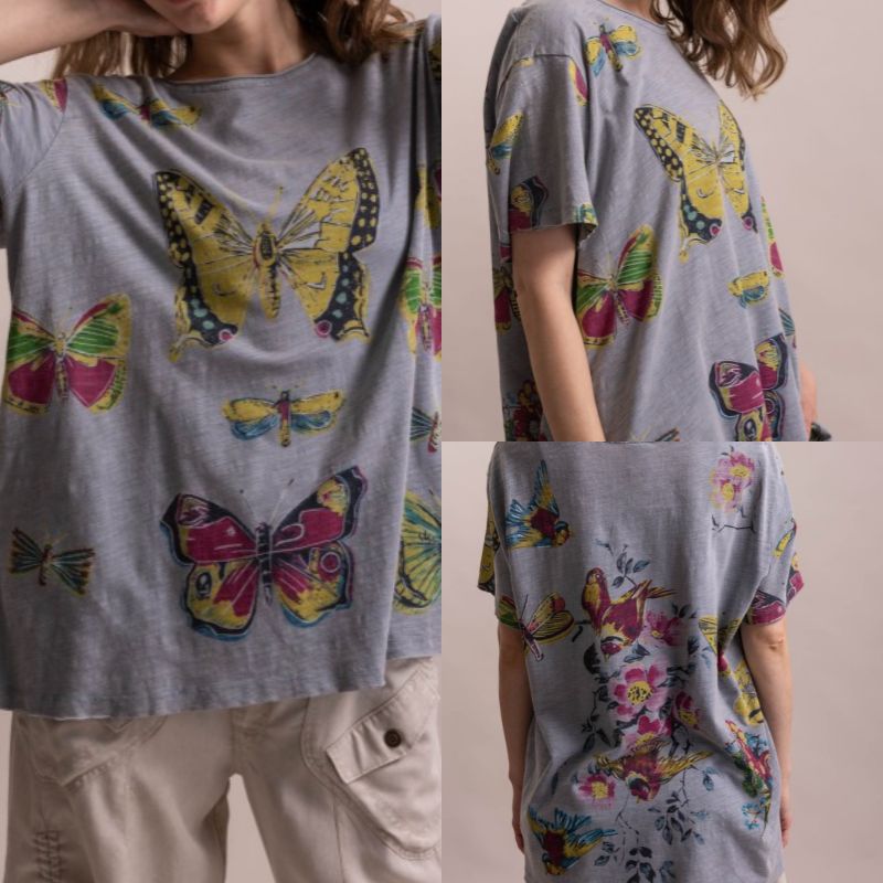 Short Sleeve Round Neck Butterfly Print Oversized Shirt