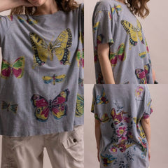 Short Sleeve Round Neck Butterfly Print Oversized Shirt