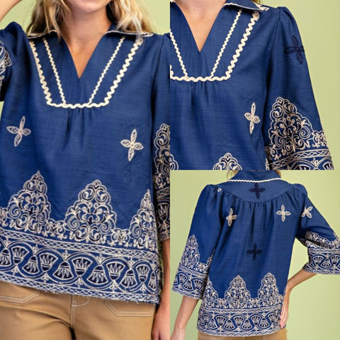 Embroidered V-Neck Top