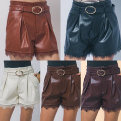 Leather Pleated Shorts With A Lace Hem
