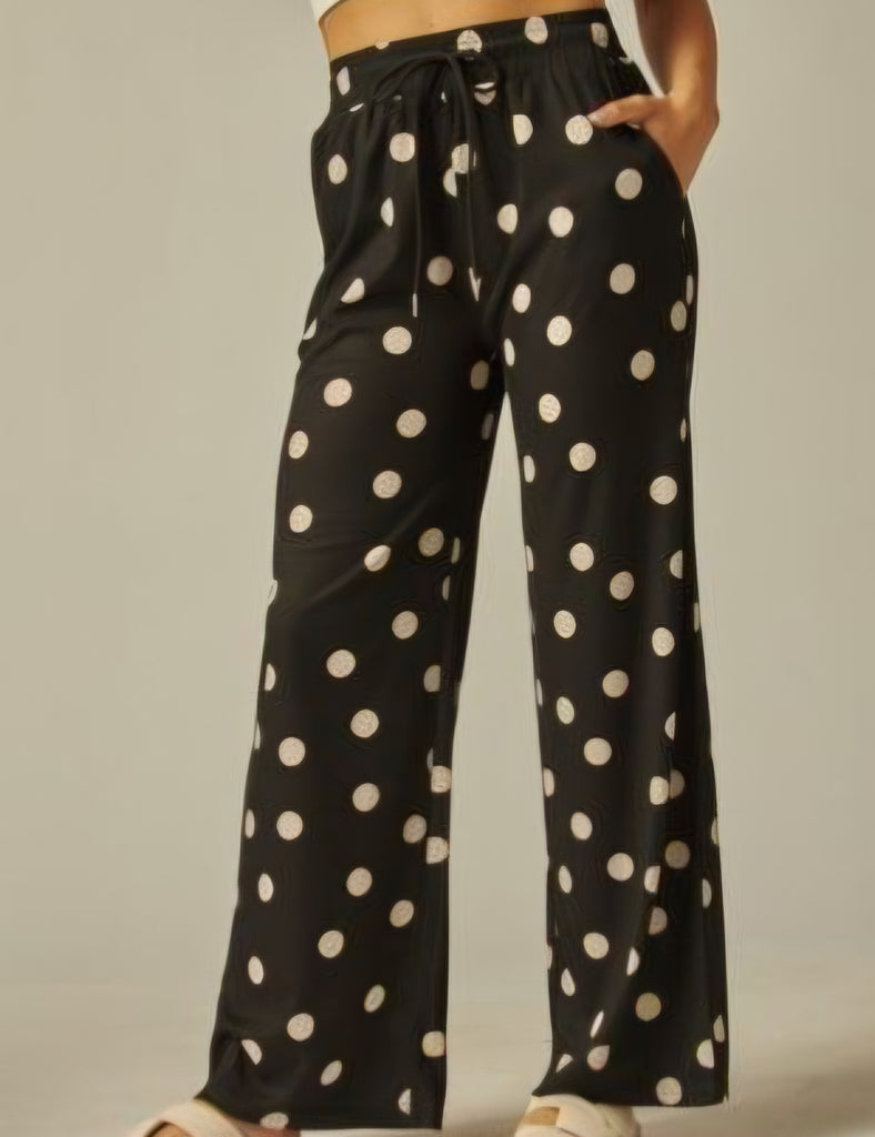 Polka Dot Drawstring Wide Leg Pants With Pockets