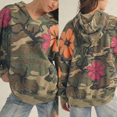Vintage Camo Artisan Bloom Patch Hearts Oversized Hoodie