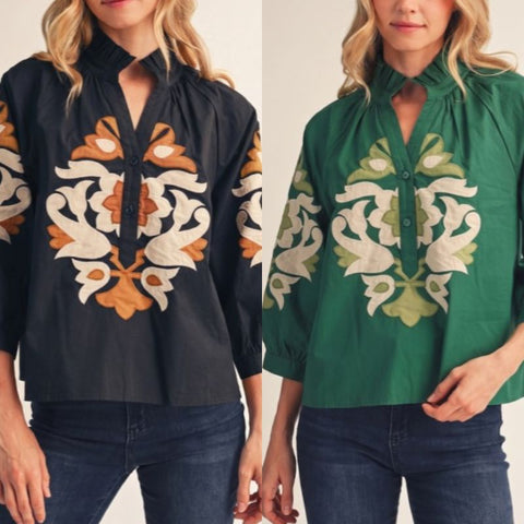 Ruffled Neckline Baroque Applique Top