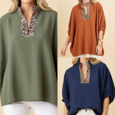 Textured Oversized Short Sleeve Animal Print Top