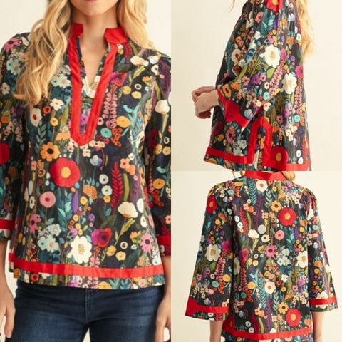 Solid Contrast Accent Floral Woven Top