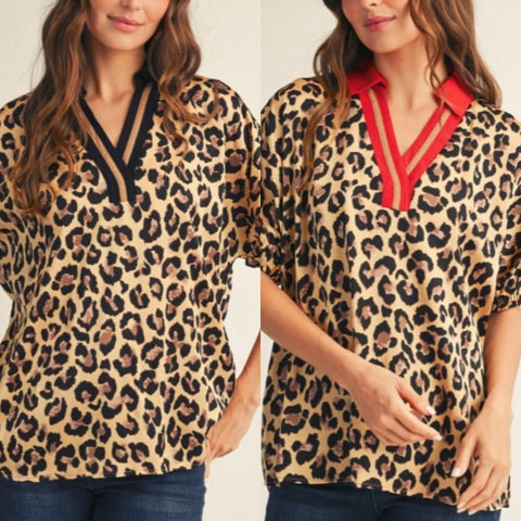 Color Contrast Detail Leopard Top