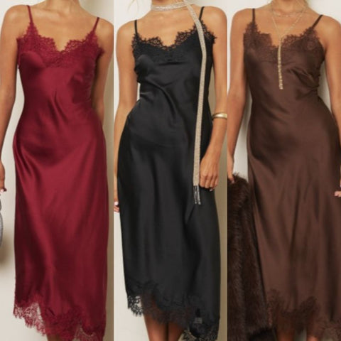 V-Neck Lace Trim Spaghetti Strap Satin Midi Dress