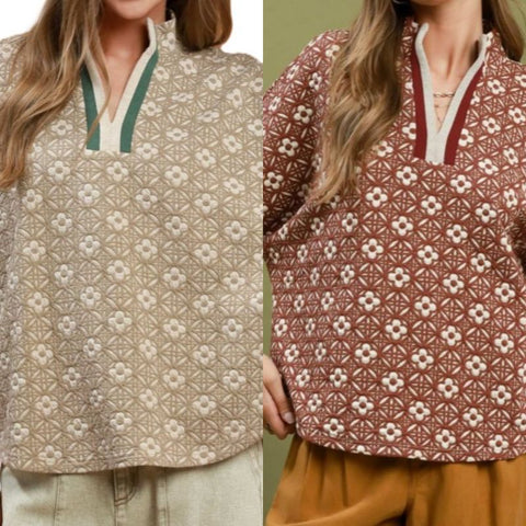 Jacquard Floral Textured Contrast Trim Pullover Top