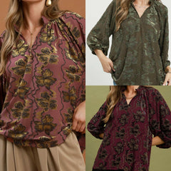 Metallic Velvet Floral Textured Split Neck Top