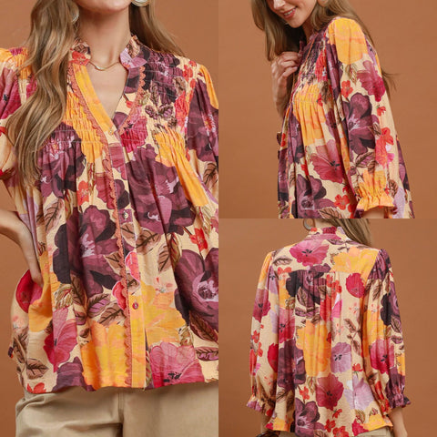 Mix Floral Print Button Front Top