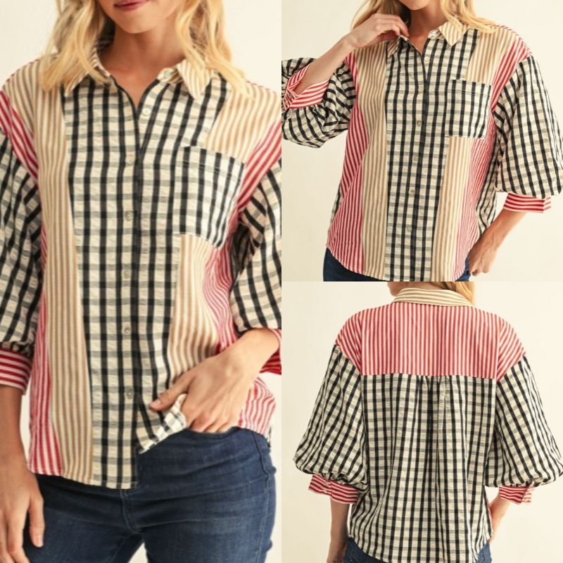 Button Down Fabric Mix Media Top