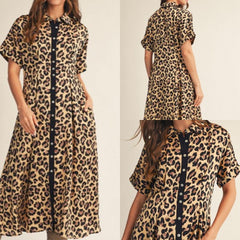 Pleat Detail Button Down Leopard Midi Dress