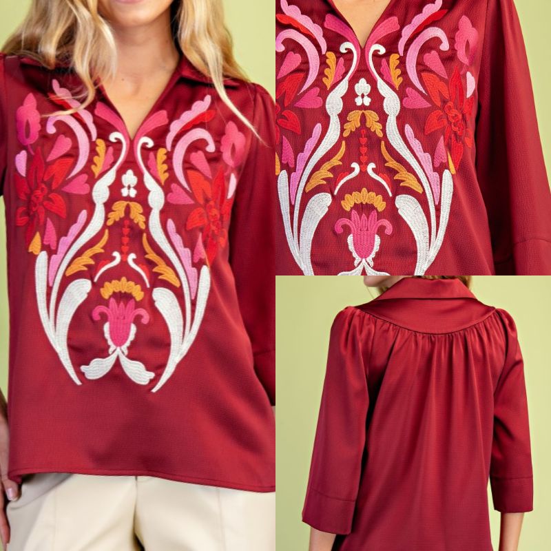 Embroidered V-Neck Textured Satin Top